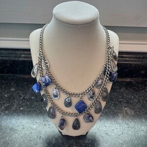 Silver Tone Blue Stone Multi Strand Chunky Chain Statement Bib Necklace